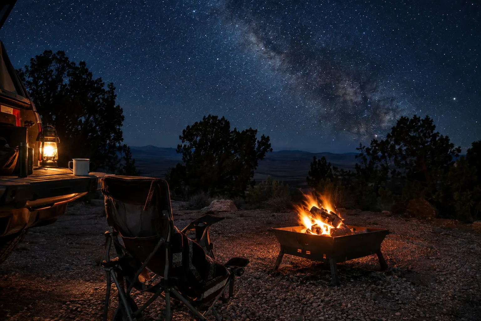 Lantern glowing on a tailgate beside a camp chair and a small raised fire pan under the Milky Way