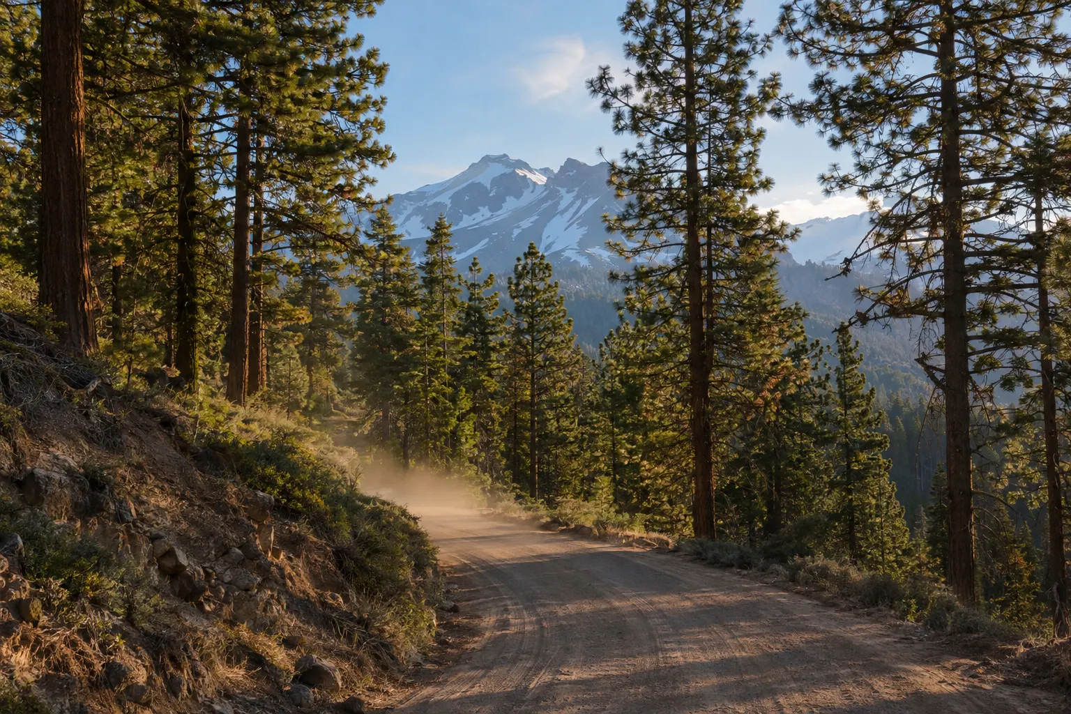Dusty forest road through tall pines with a snowy volcanic peak in the distance
